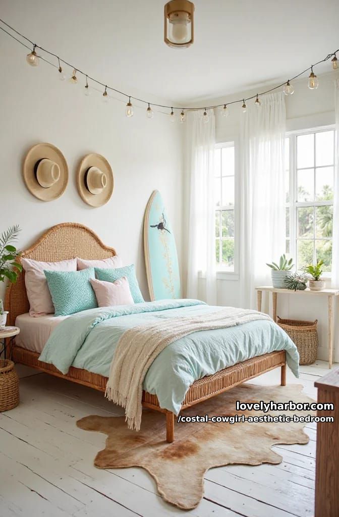 bright coastal cowgirl bedroom with surfboards, palm art, and pastel accents 1