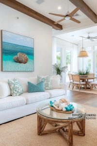 20 Cozy Coastal Living Rooms to Jazz Up Your Home 2 bright coastal living room with white sofa and ocean-inspired decor 9