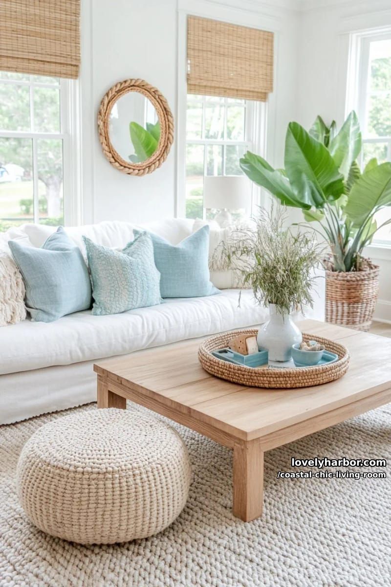 bright coastal living room with white sofa, blue pillows, bamboo shades, and rattan accents. 1