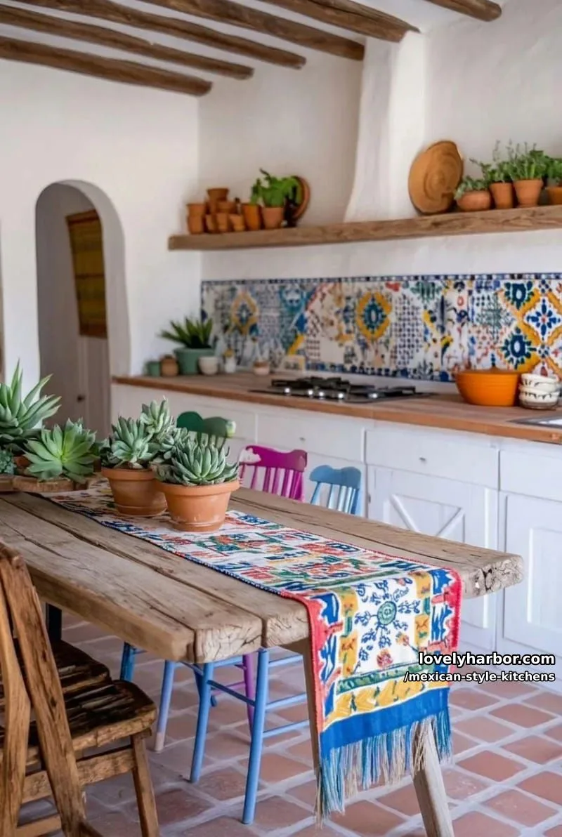 14 Mexican Style Kitchens You'll Want to Copy 4 bright kitchen with white cabinets, colorful tile backsplash, and eclectic decor. 1