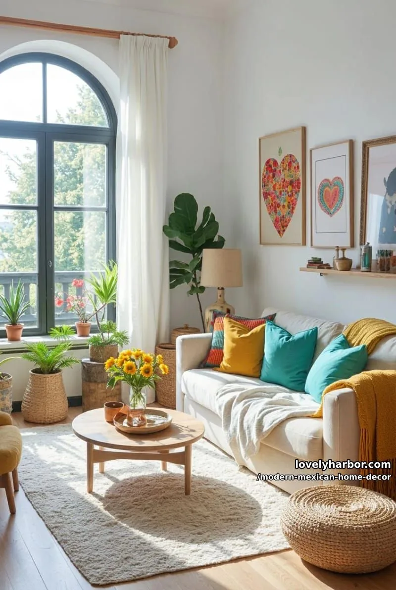 18 Modern Mexican Decor for a Stylish Home 13 bright living room with arched window, pastel accents, and embroidered artwork. 1