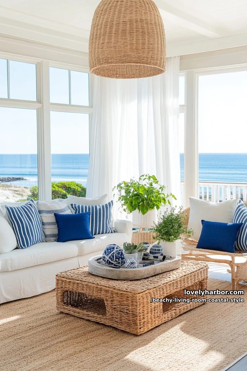 bright living room with blue and white decor and woven accents 1