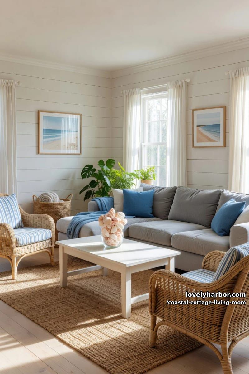 bright living room with gray sectional, blue accents, and woven jute textures. 1