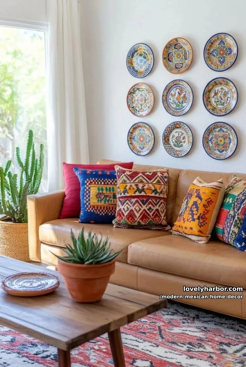 18 Modern Mexican Decor for a Stylish Home 18 bright living room with tan leather sofa, vibrant pillows, and decorative plates. 1