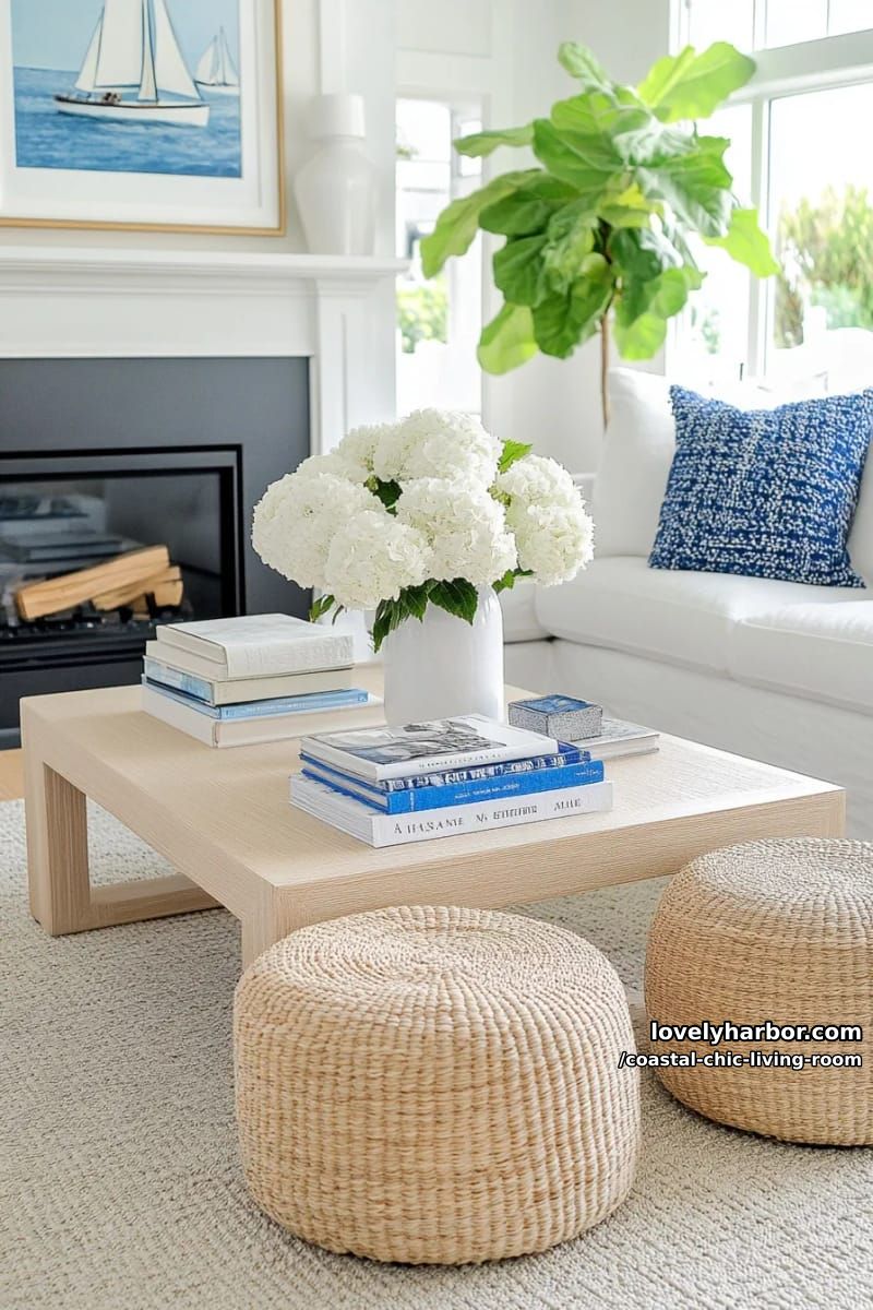 bright living room with white sectional, blue pillows, and fireplace. 1