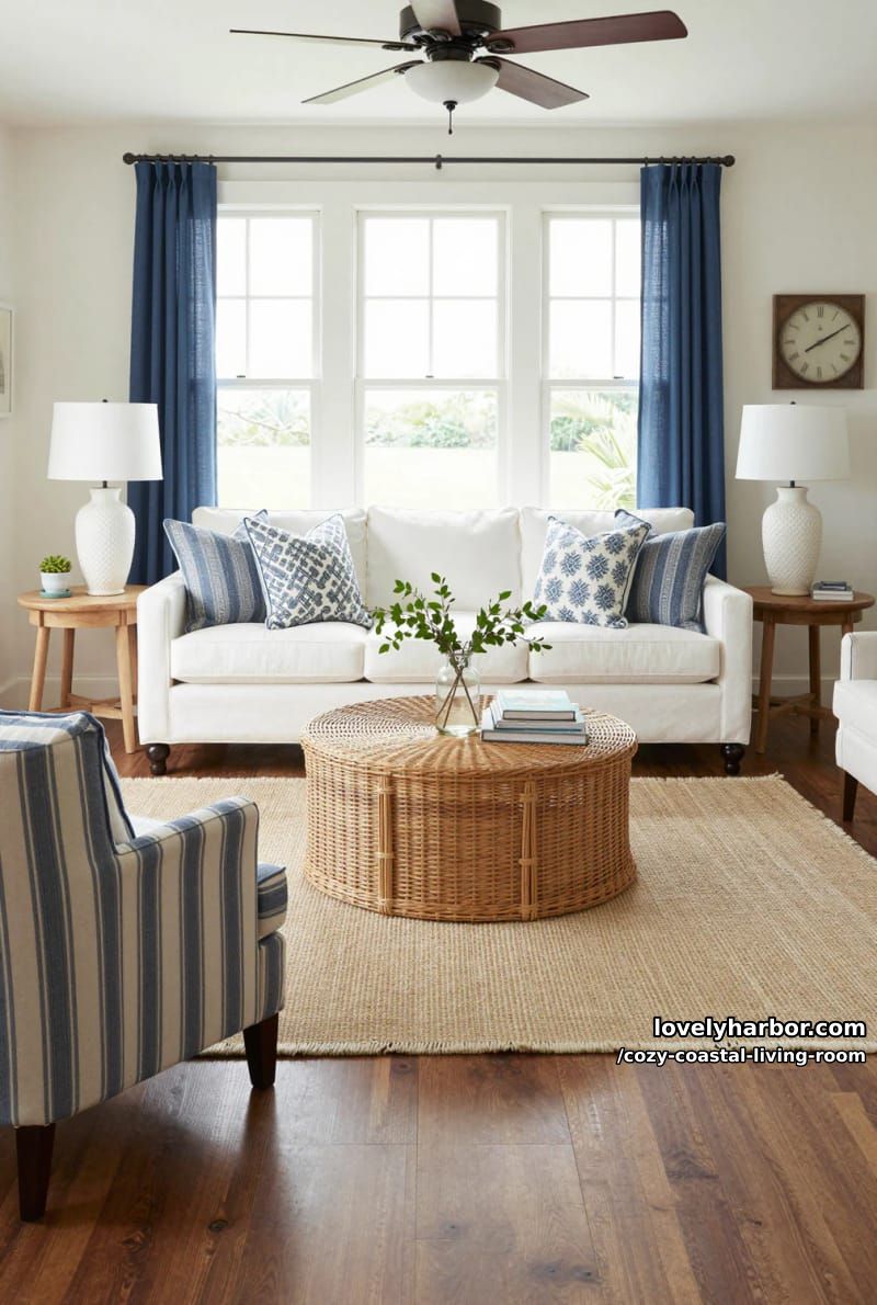 bright living room with white sofa, blue accents, and striped armchair 1