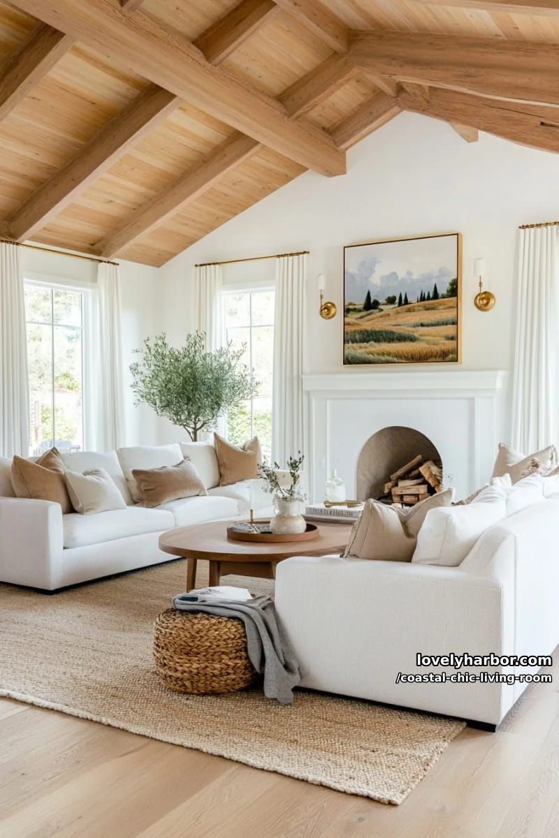 bright living room with white sofas, fireplace, olive tree, and gold accents. 1