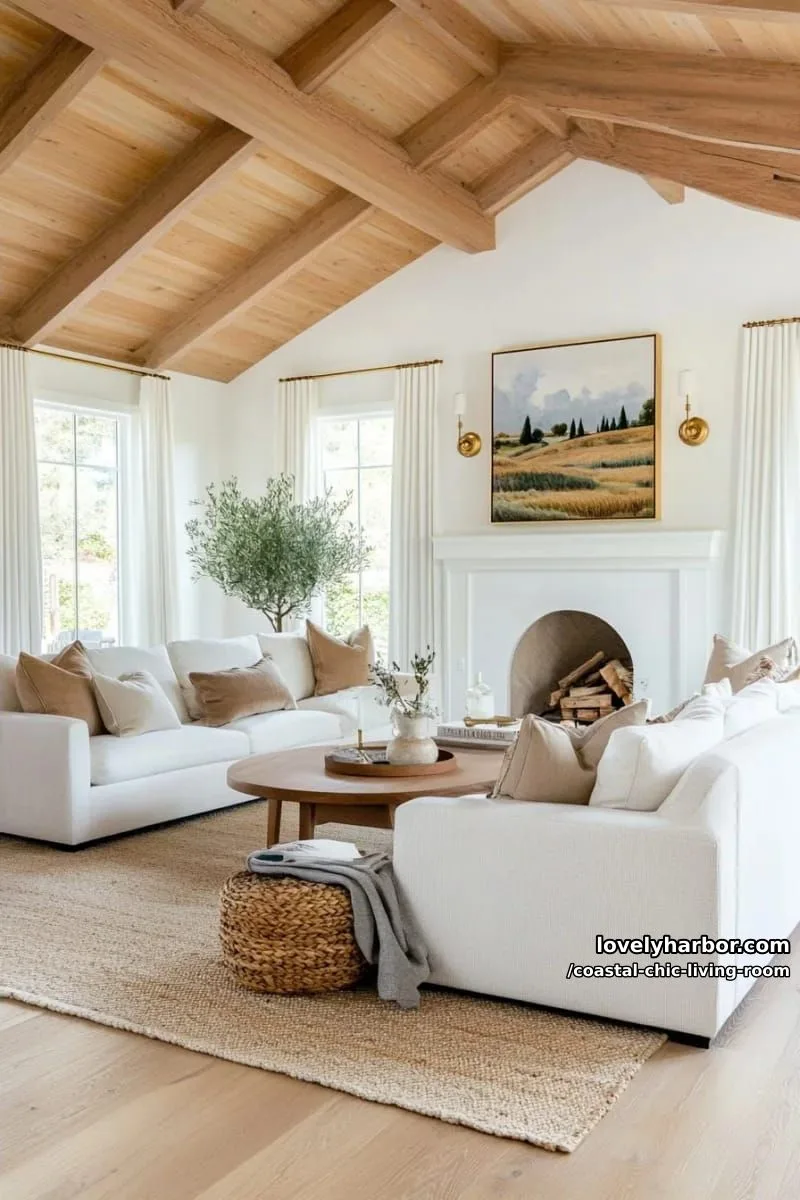 20 Chic Coastal Living Rooms You'll Love 22 bright living room with white sofas, fireplace, olive tree, and gold accents. 1