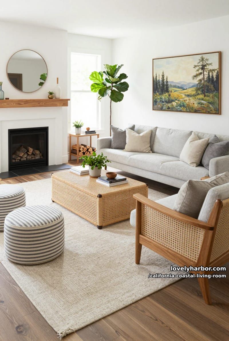 bright modern living room with gray sofa, rattan coffee table, and fireplace. 1
