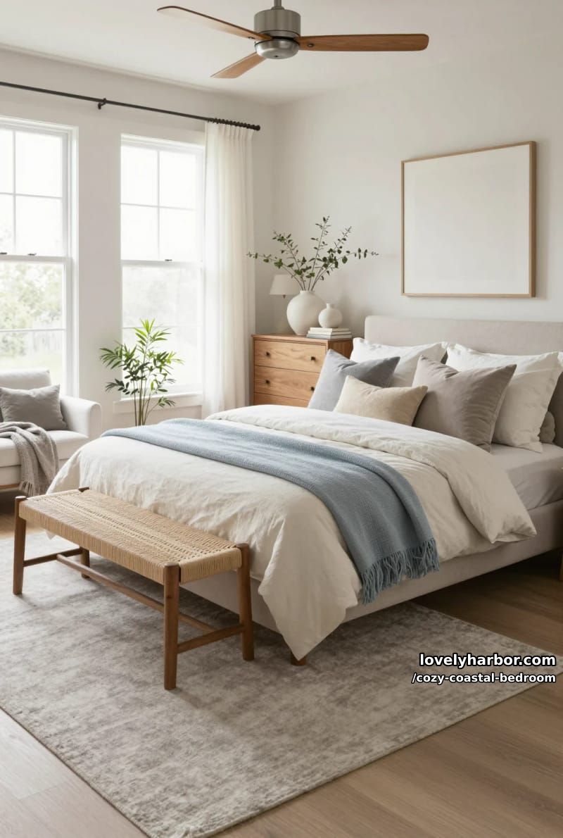 20 Dreamy Coastal Bedrooms for a Serene Retreat 2 bright neutral bedroom with layered bedding and natural wood accents 1