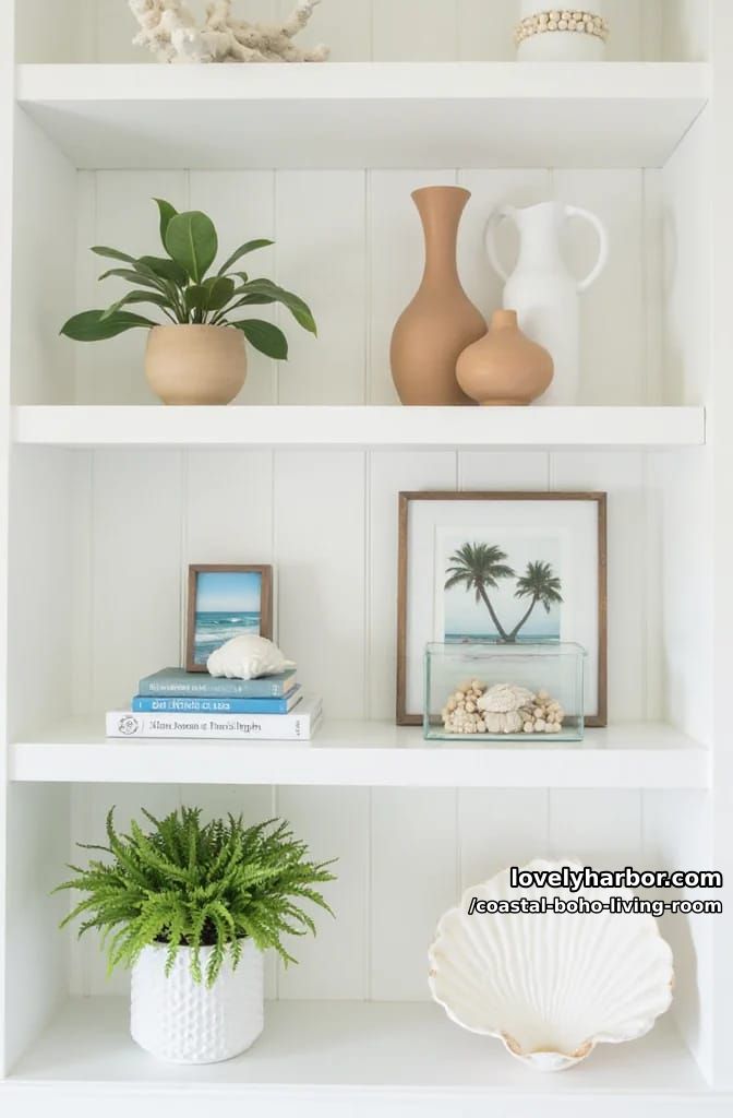 built-in white shelves styled with coastal decor, plants, and shells. 1