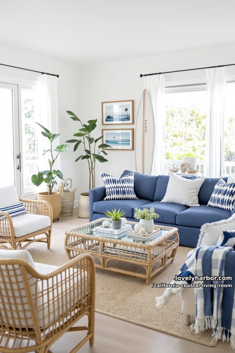 california casual living room, rattan furniture, blue sofa, and surfboard decor. 1