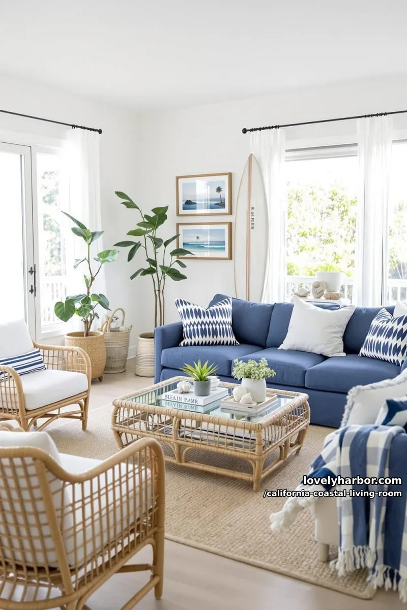 california casual living room, rattan furniture, blue sofa, and surfboard decor. 1