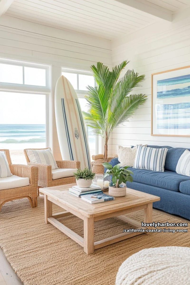california casual living room, rattan furniture, blue sofa, and surfboard decor. 11