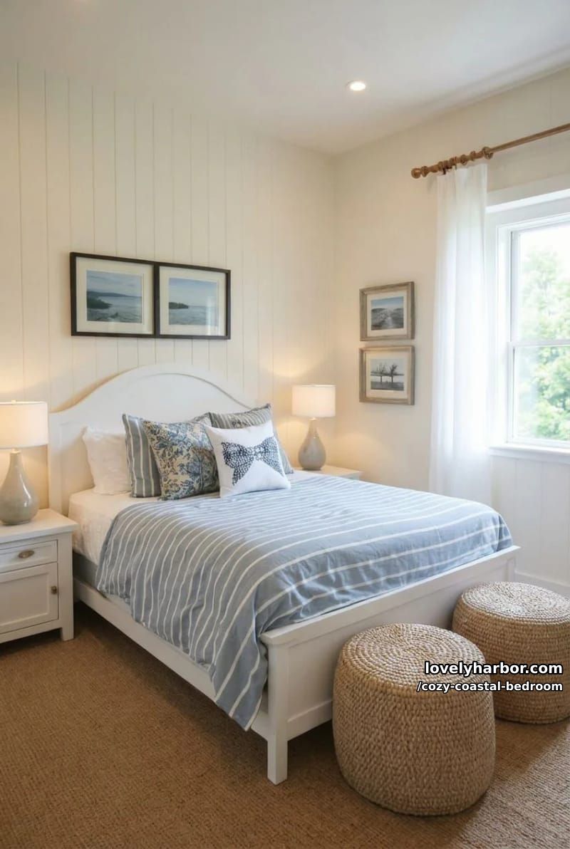 20 Dreamy Coastal Bedrooms for a Serene Retreat 16 calming bedroom with striped bedding, wicker ottomans, and ocean photos 1