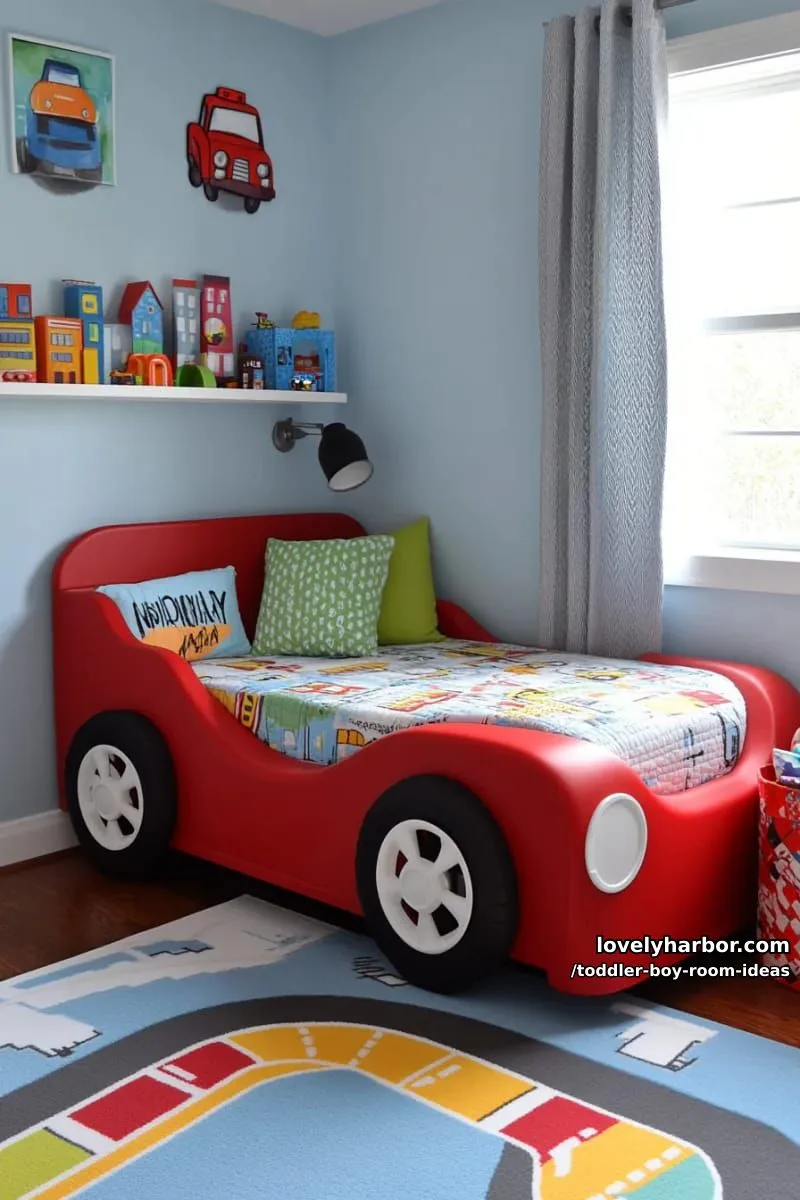 15 Playful Toddler Boy Room Design Ideas for Your Next Makeover 8 car-shaped toddler bed paired with a road map play rug. 1