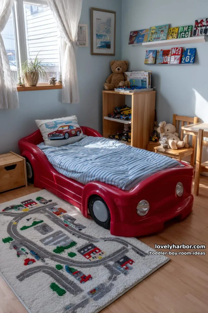 15 Playful Toddler Boy Room Design Ideas for Your Next Makeover 9 car-shaped toddler bed paired with a road map play rug. 1