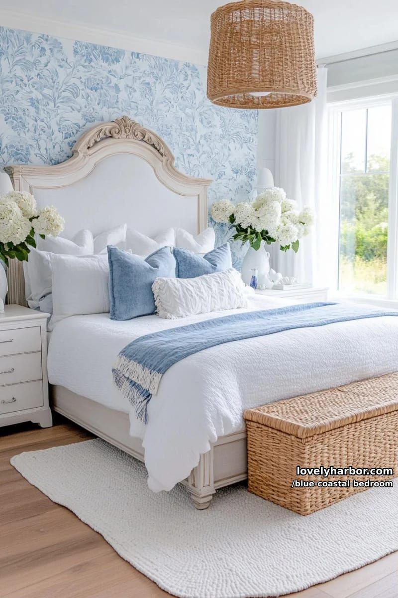 carved headboard bed, toile wallpaper, scalloped rug, and hydrangea decor. 1