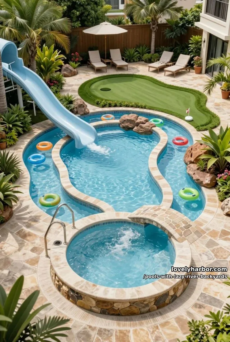 19 Pools with Lazy Rivers for Stunning Backyards 11 central pool with hot tub, lazy river, waterslide, and putting green. 1