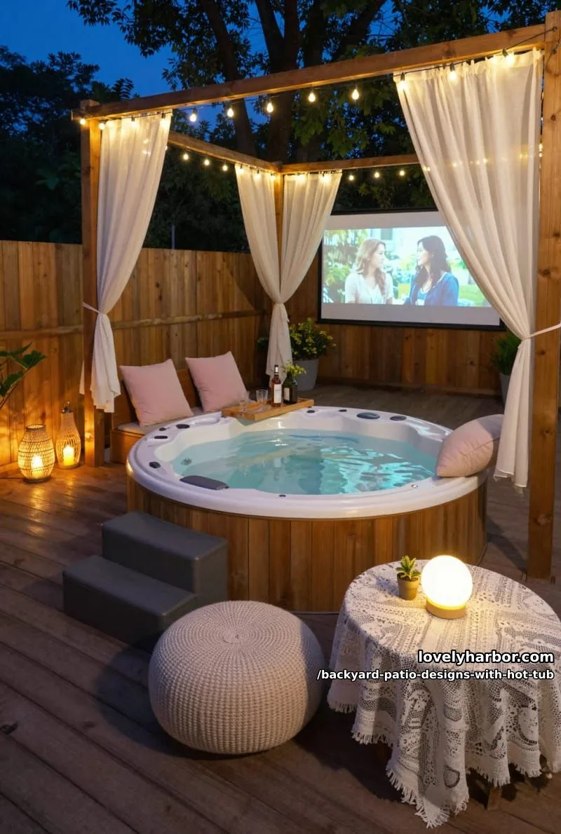 20 Dreamy Backyard Patios with Hot Tubs to Inspire 12 circular hot tub with pergola, fairy lights, knit poufs, and projector screen. 1