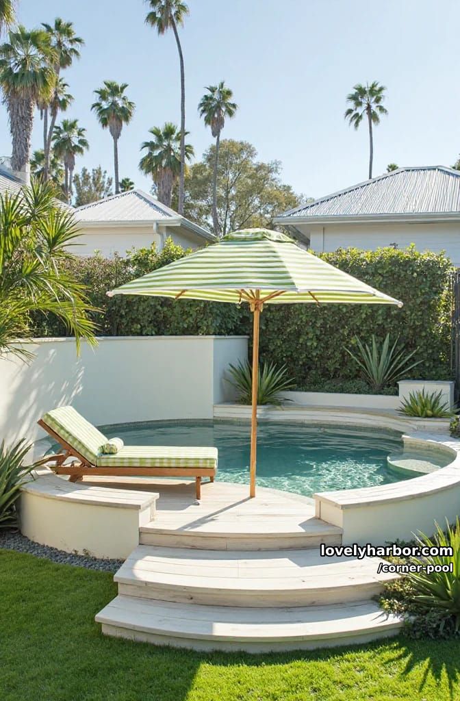 circular plunge pool with curved retaining wall and striped umbrella 1
