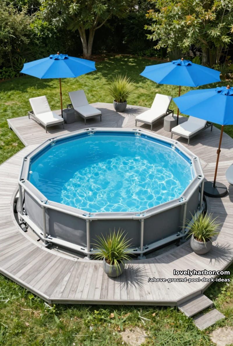 circular pool with angular deck, wire mesh railing, and blue umbrellas. 1
