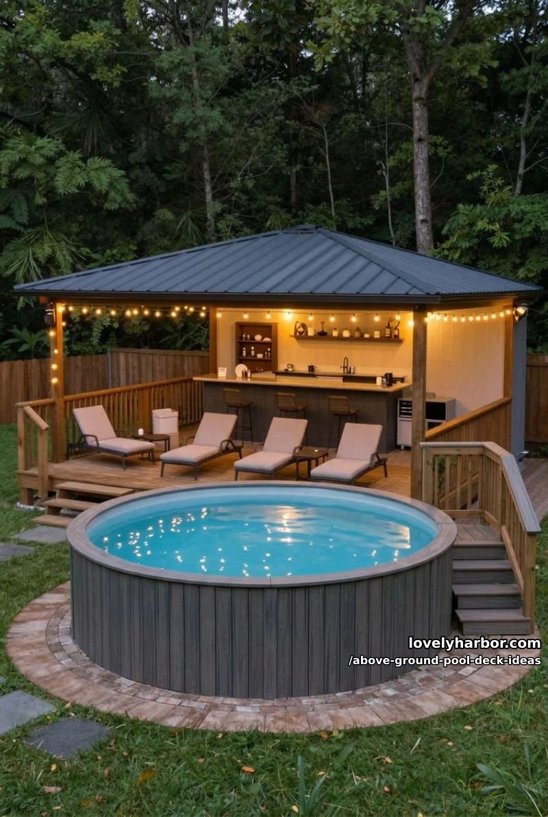 circular pool with covered bar, string lights, and lounge chairs. 1