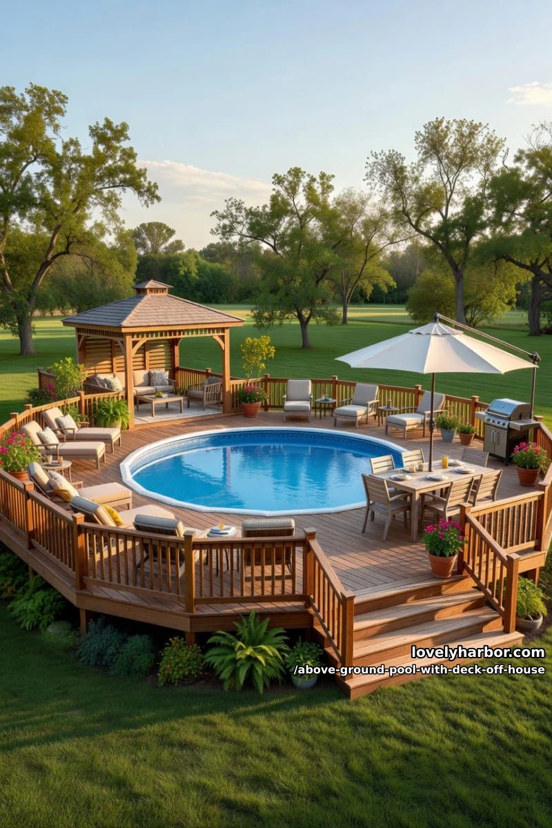 circular pool with deck, gazebo, seating areas, barbecue, and umbrella 1