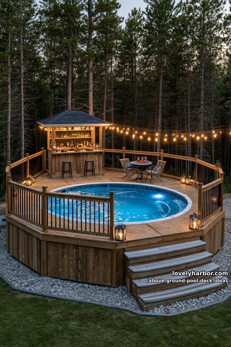 circular pool with elevated deck, outdoor bar area, and string lights. 1