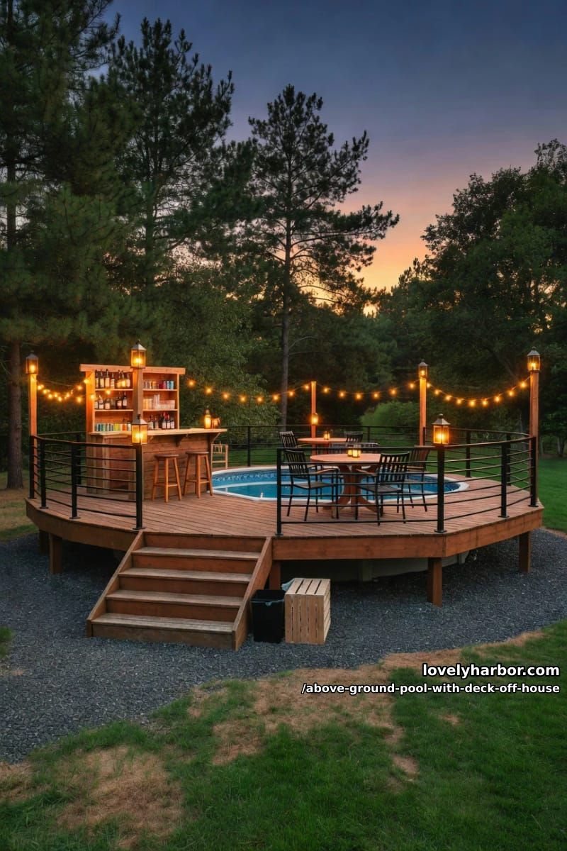 circular pool with elevated wooden deck, bar, string lights, and pine trees 1