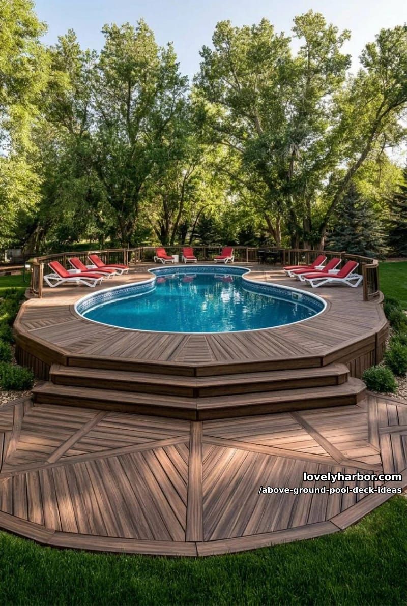 circular pool with geometric patterned deck and built-in steps. 1