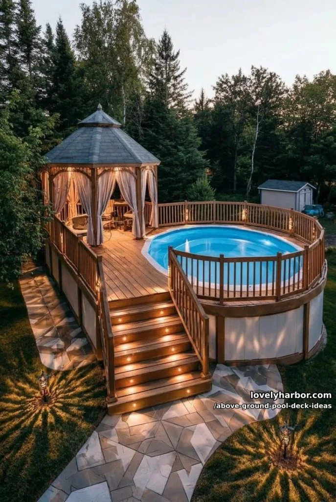 Garden 11 circular pool with illuminated wooden deck, gazebo, and lighting. 3
