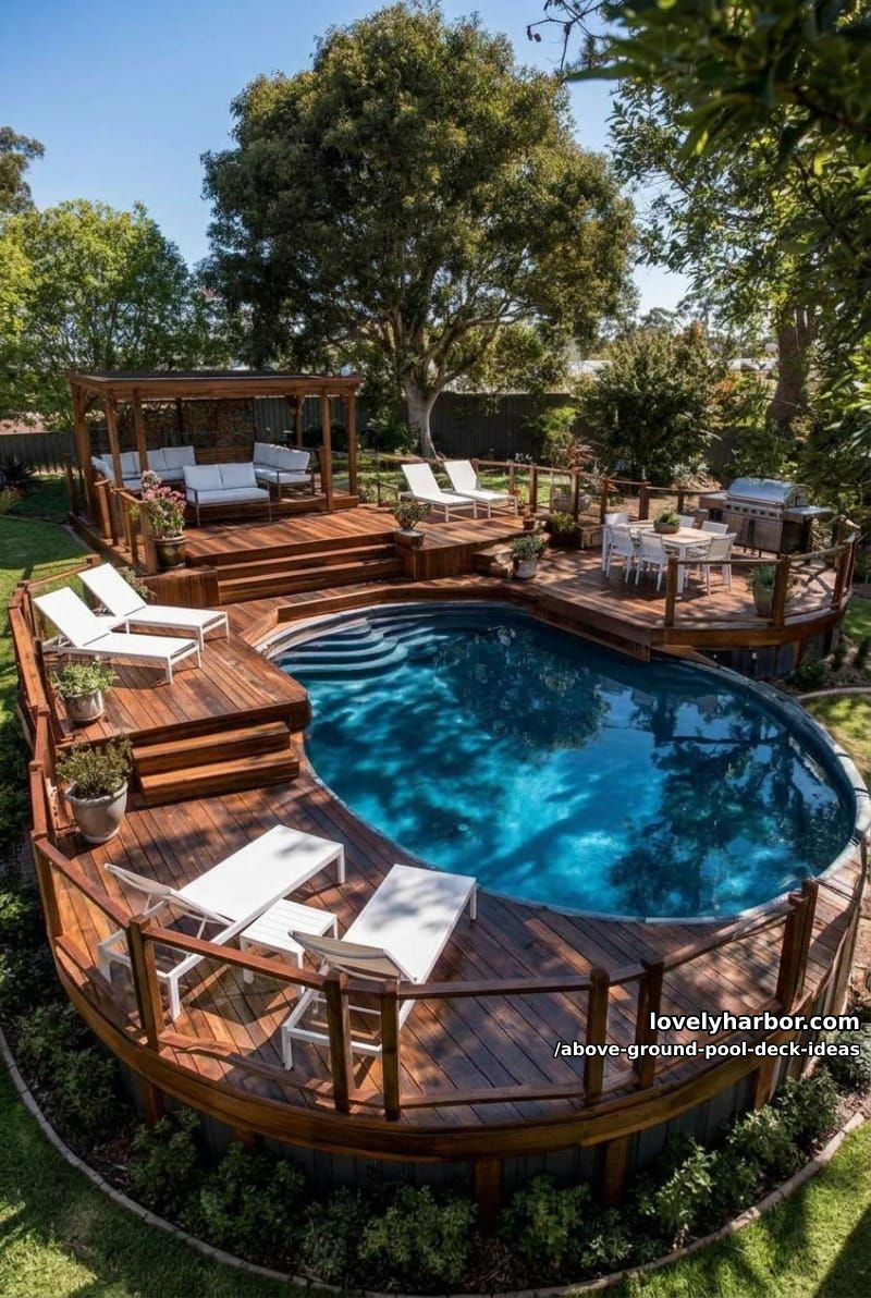 circular pool with multiple seating areas, gazebo, and grill station. 1