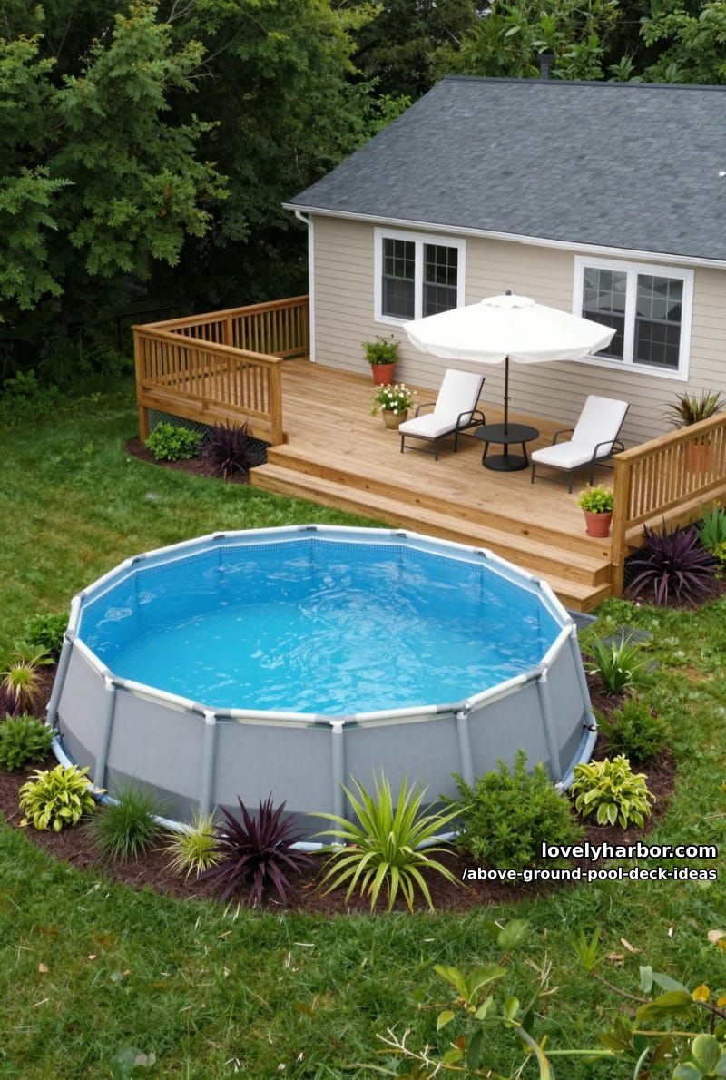 circular pool with raised deck, white cushioned seating, and potted plants. 1