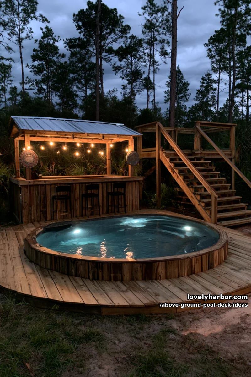circular pool with rustic bar, string lights, and elevated deck access. 1