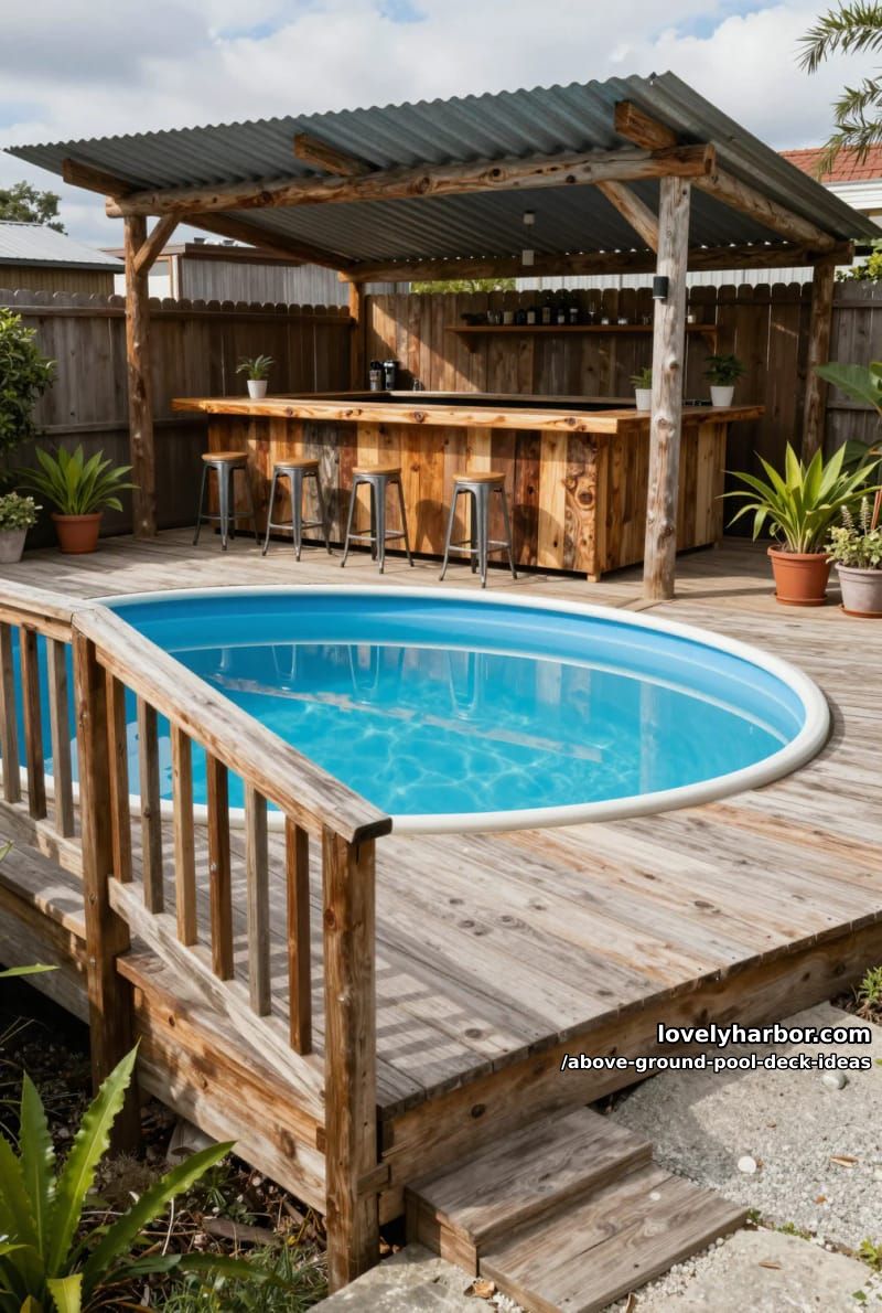 circular pool with rustic wooden bar and corrugated metal awning. 1