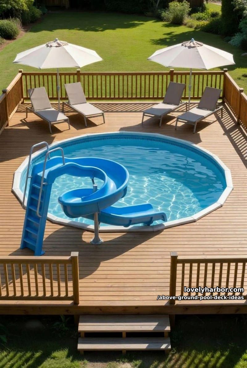 circular pool with wooden deck, bar chairs, umbrella, and slide. 1