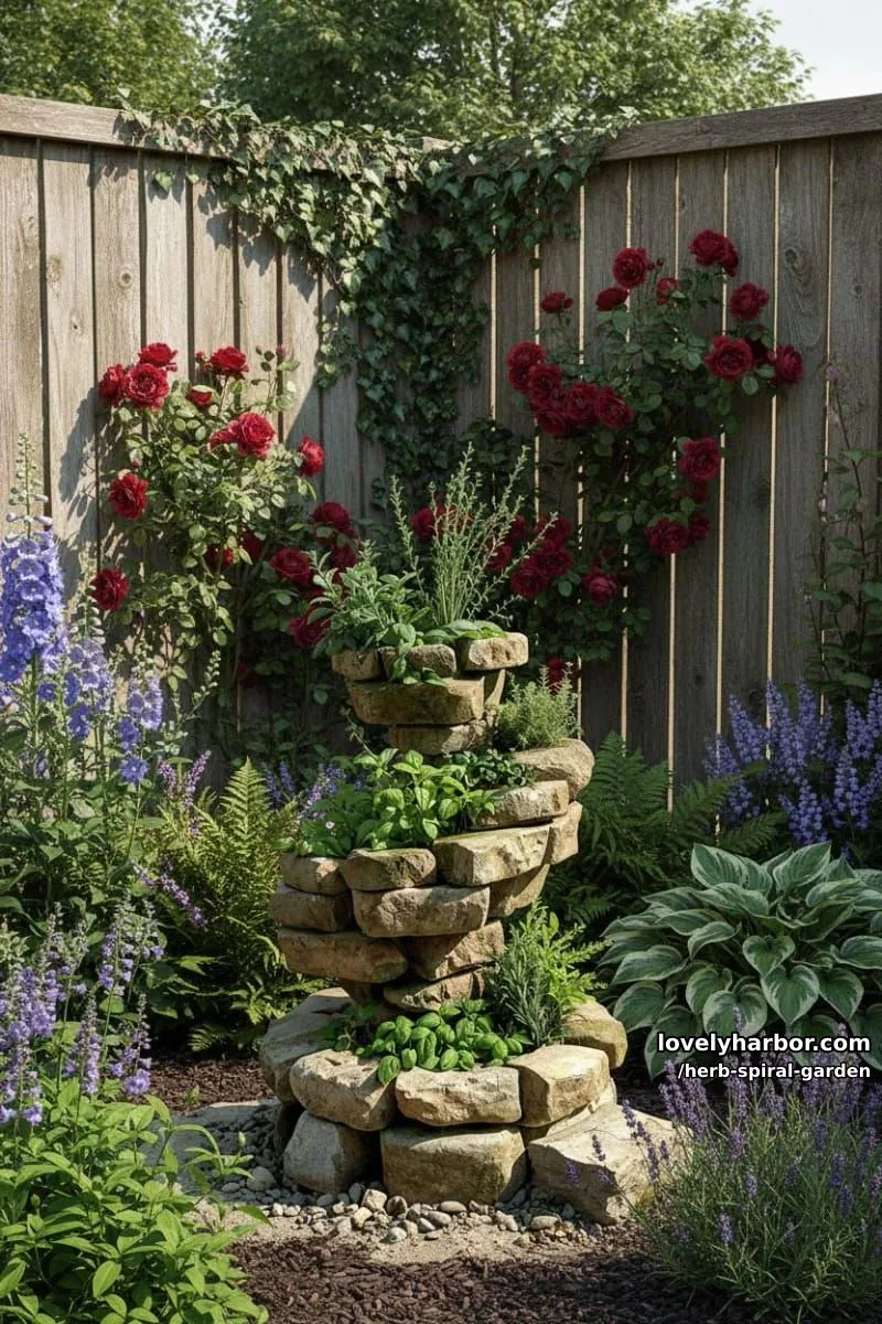 20 Unique Herb Spiral Garden Designs for Modern Yards 7 circular tiered stone planter with steps and sketch-like textures. 1