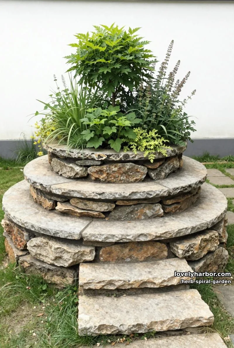 20 Unique Herb Spiral Garden Designs for Modern Yards 8 circular tiered stone planter with steps and sketch-like textures. 1