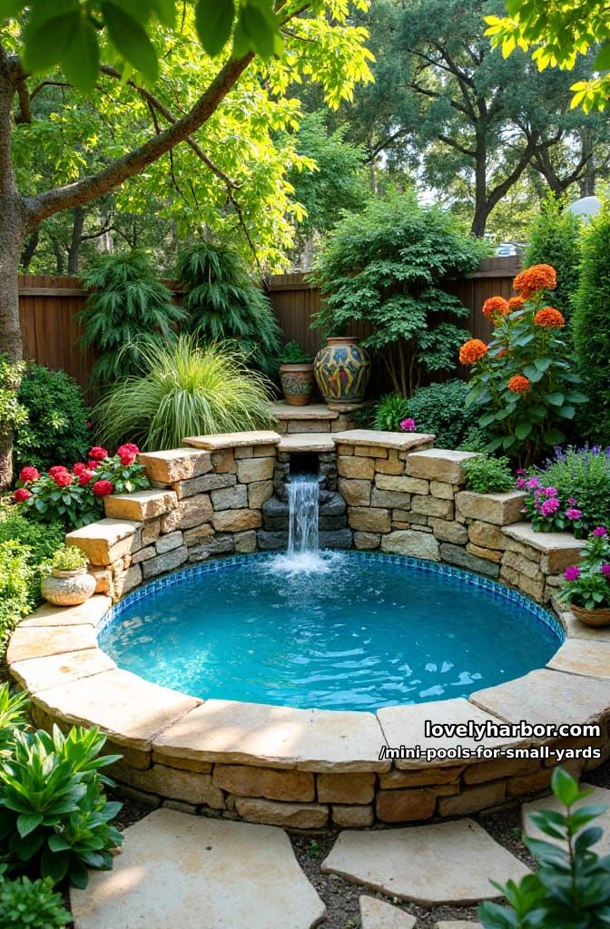 circular tiled plunge pool, natural stone coping, waterfall feature, and vibrant garden. 1