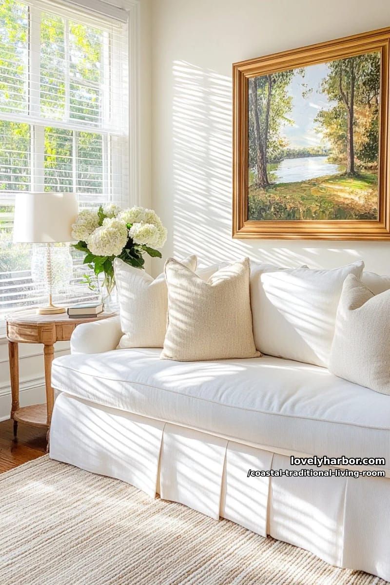 20 Dreamy Coastal Traditional Living Room Designs to Inspire 6 classic airy living room with ivory walls, striped rug, and fresh flowers. 1