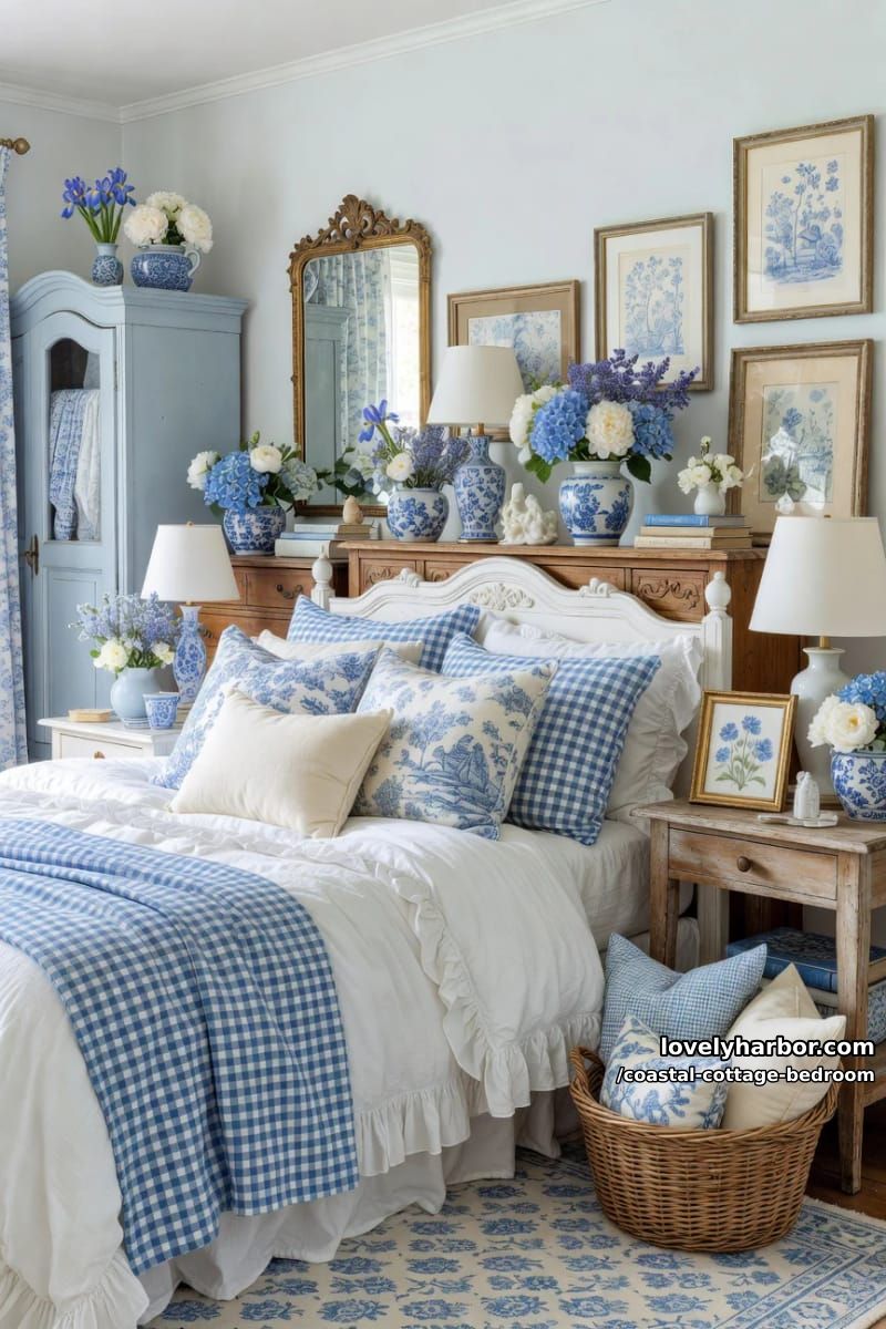 classic cottagecore bedroom with blue and white patterns, vintage details, and flowers. 1