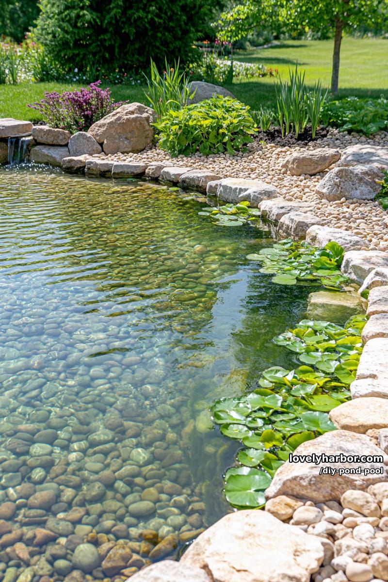 clear pond with green water, rocks, small plants, and pebbled edge 1