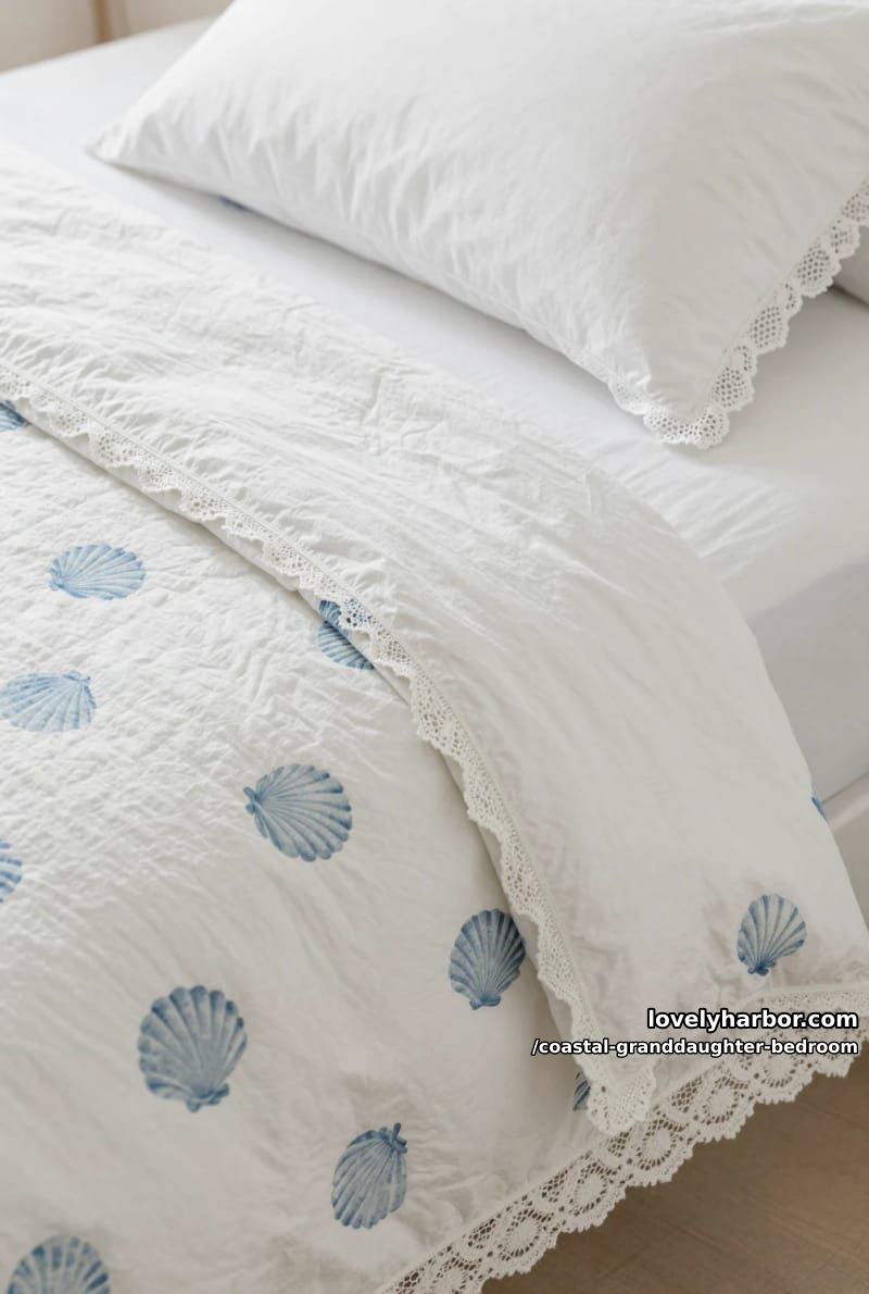 close-up of blue seashell-patterned bedding with lace-trimmed pillows and quilt. 1
