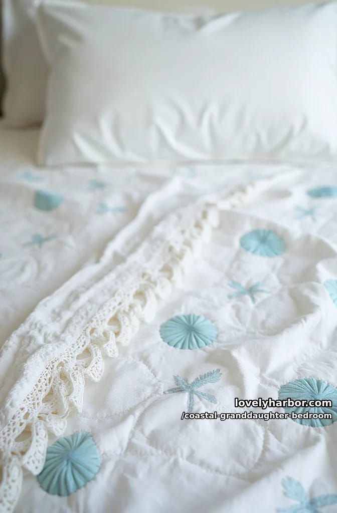 close-up of blue seashell-patterned bedding with lace-trimmed pillows and quilt. 1