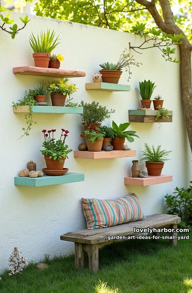 20 Creative Garden Art Ideas to Elevate Small Yards 18 clustered floating flower shelves made from painted wood 1