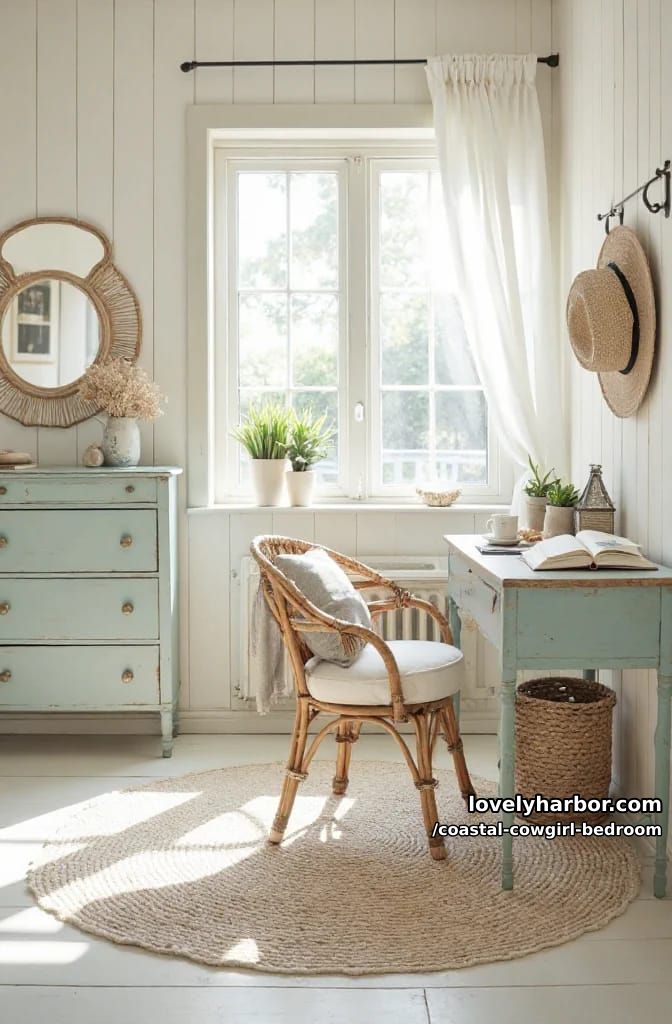 coastal bedroom and workspace, striped wall, pale blue dresser. 1