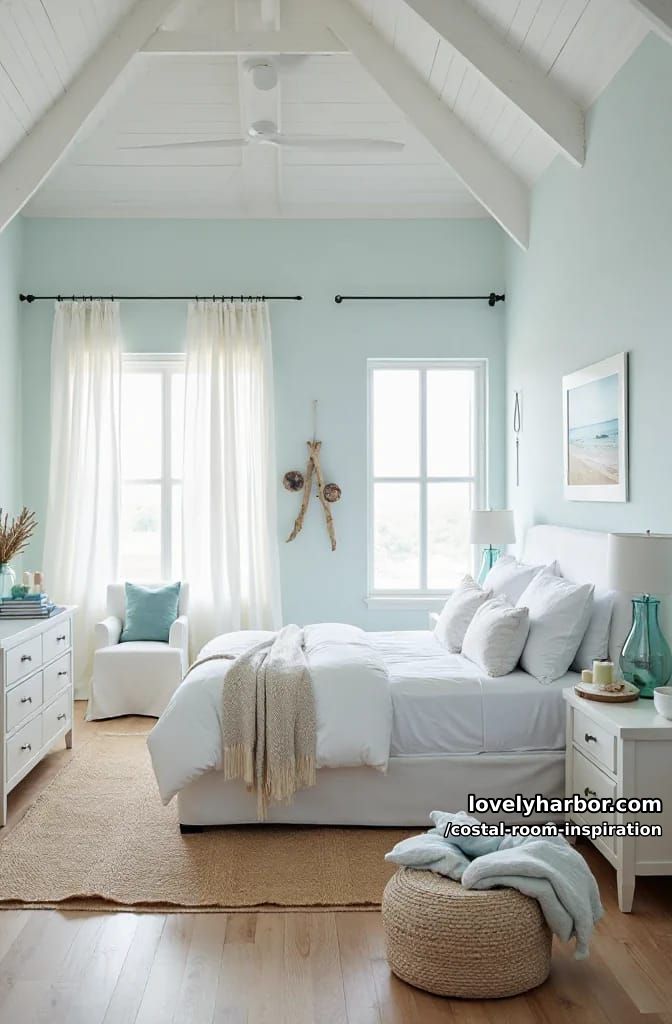 coastal bedroom decor in pastel blue and white. 1