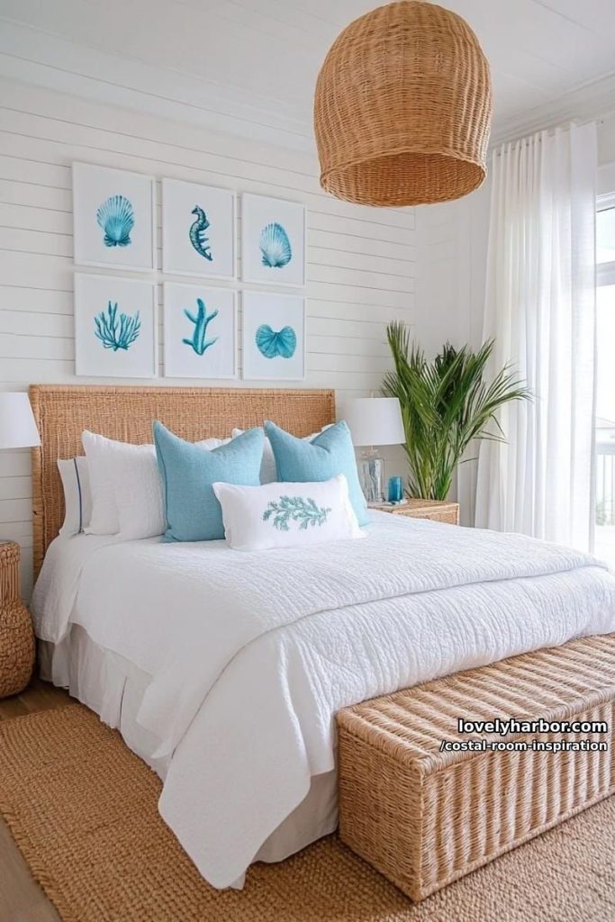 coastal bedroom decor with blue sea creature art and rattan accents. 14