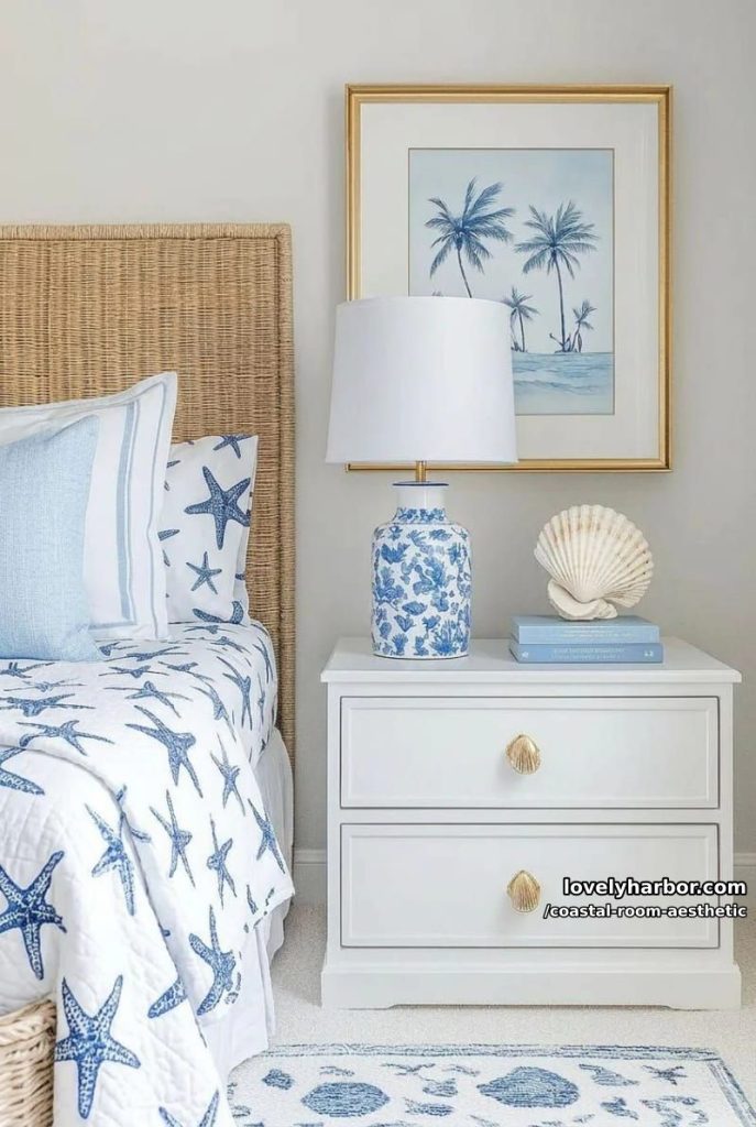 coastal bedroom decor with ocean-inspired art and starfish bedding. 10